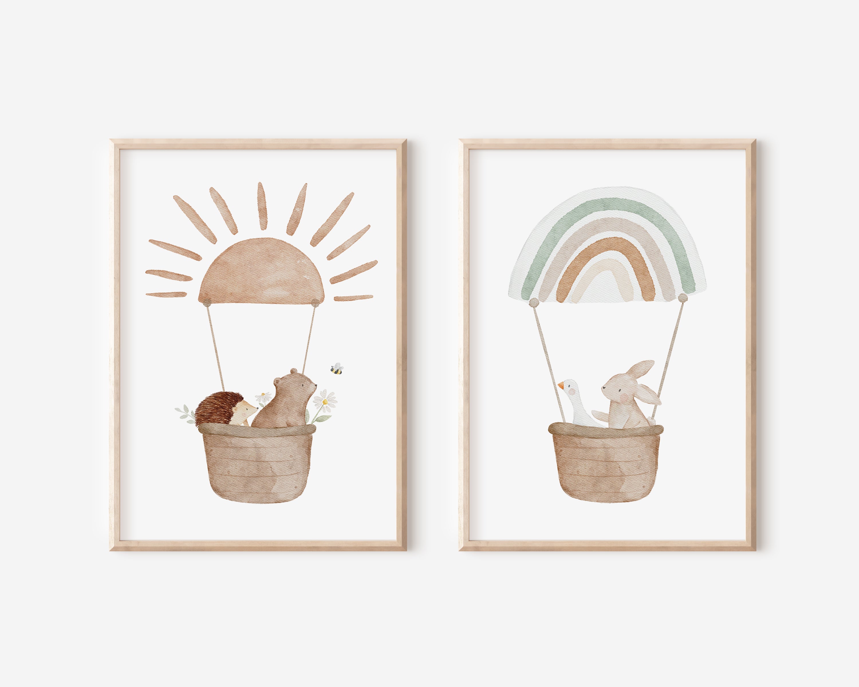 Poster Gans und Hase im Heißluftballon Mint / A5, A4, A3, A2