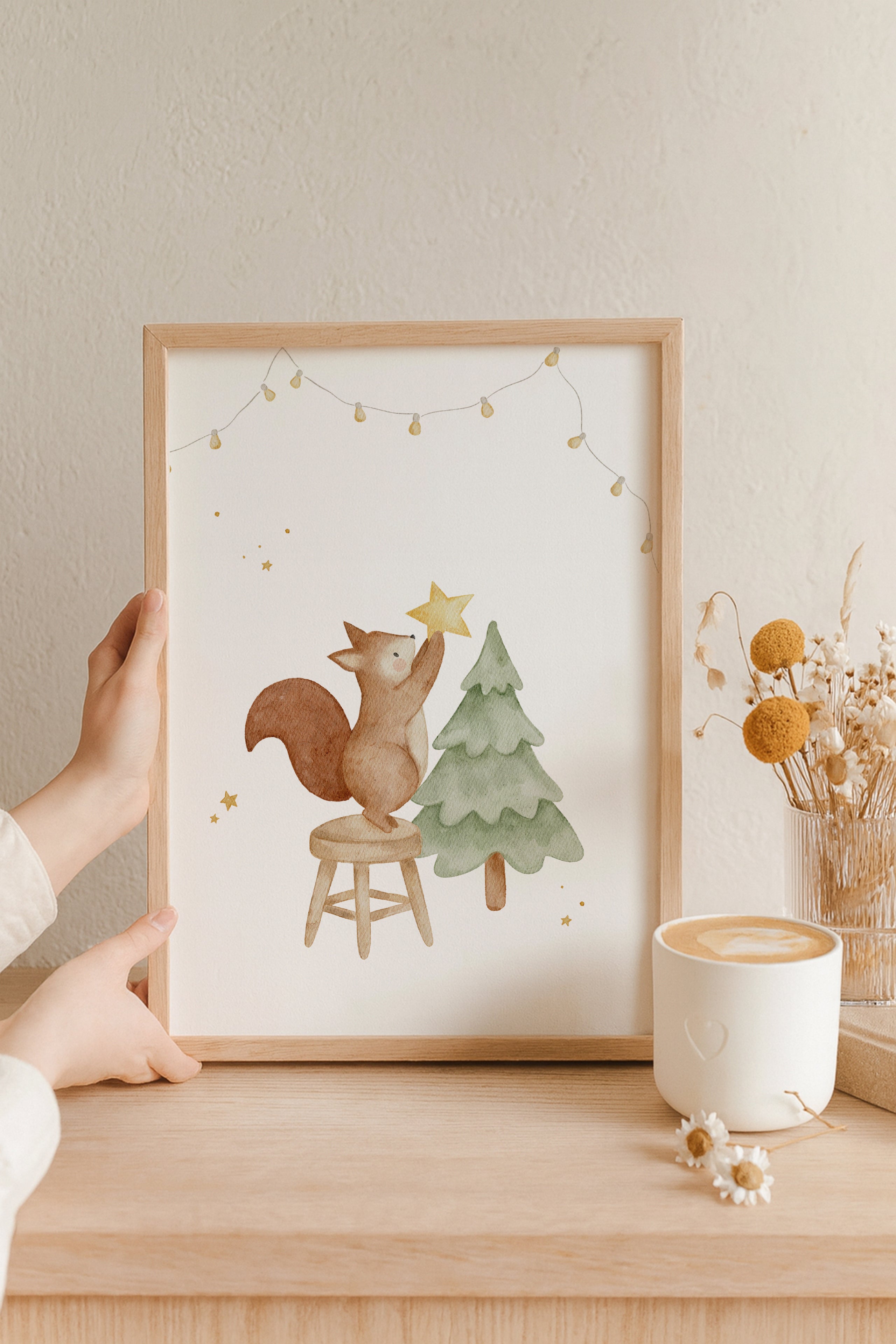 Weihnachtsposter Eichhörnchen mit Tannenbaum / A4