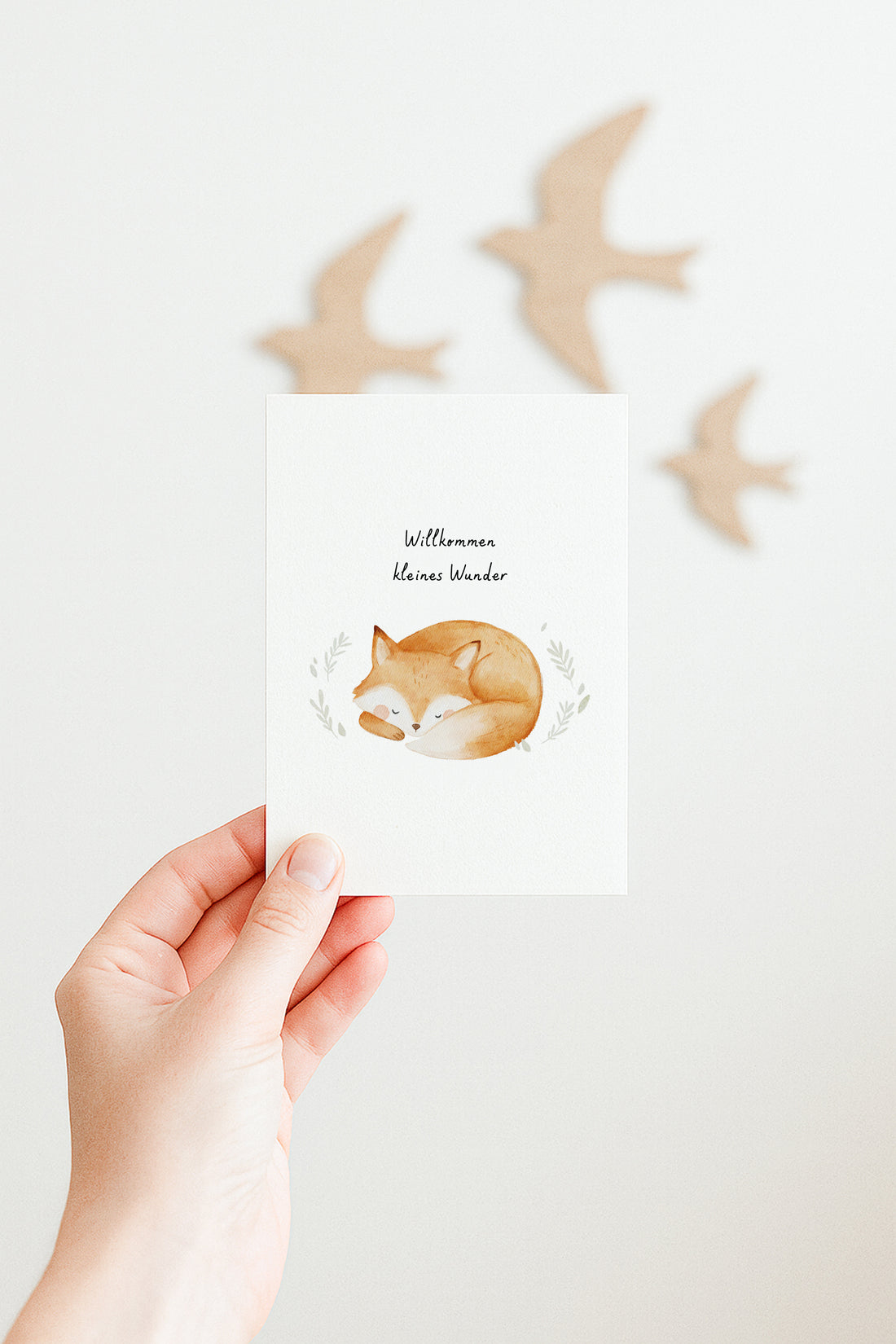 Karte mit schlafendem Fuchs "Willkommen kleines Wunder"