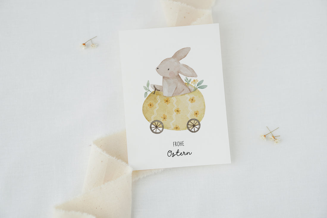 Osterkarte Hase im Osterei-Auto