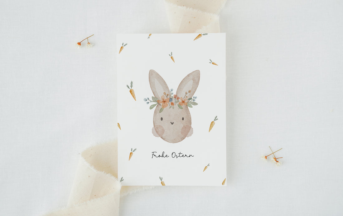 Osterkarte Hase mit Karotten