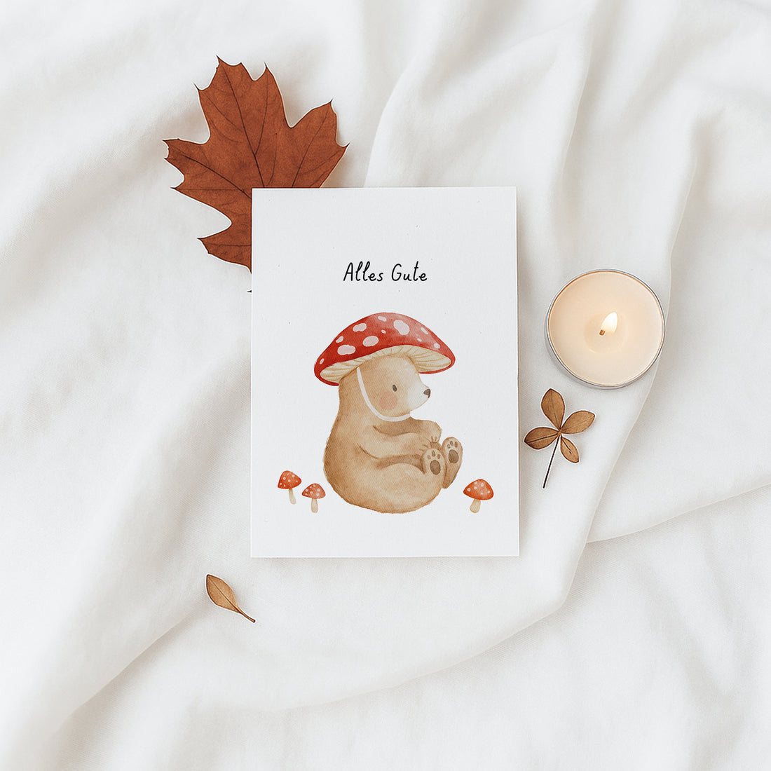 Karte "Alles Gute" mit Bär und Pilzhut