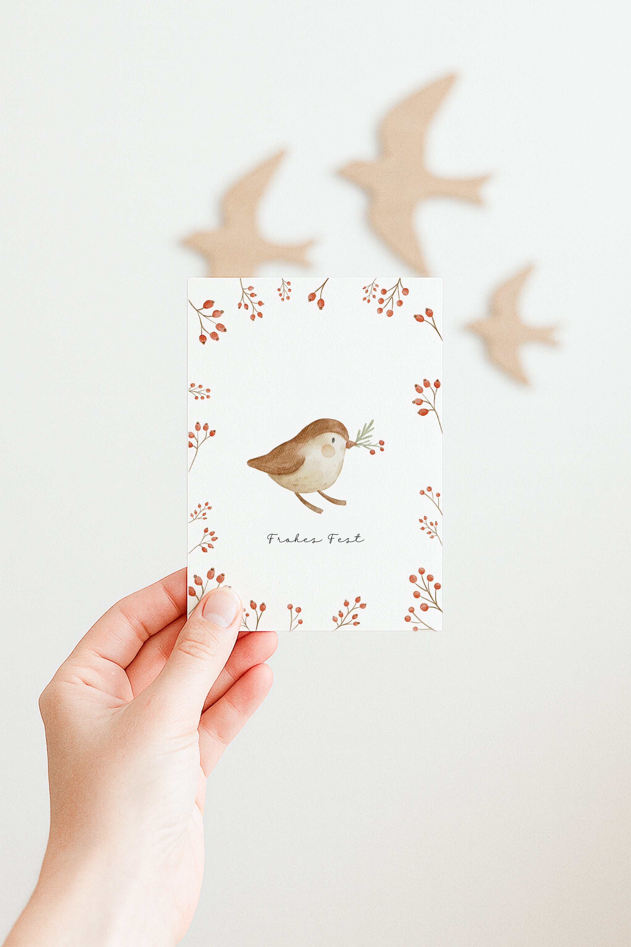 Weihnachtskarte Vogel mit Tannenzweig