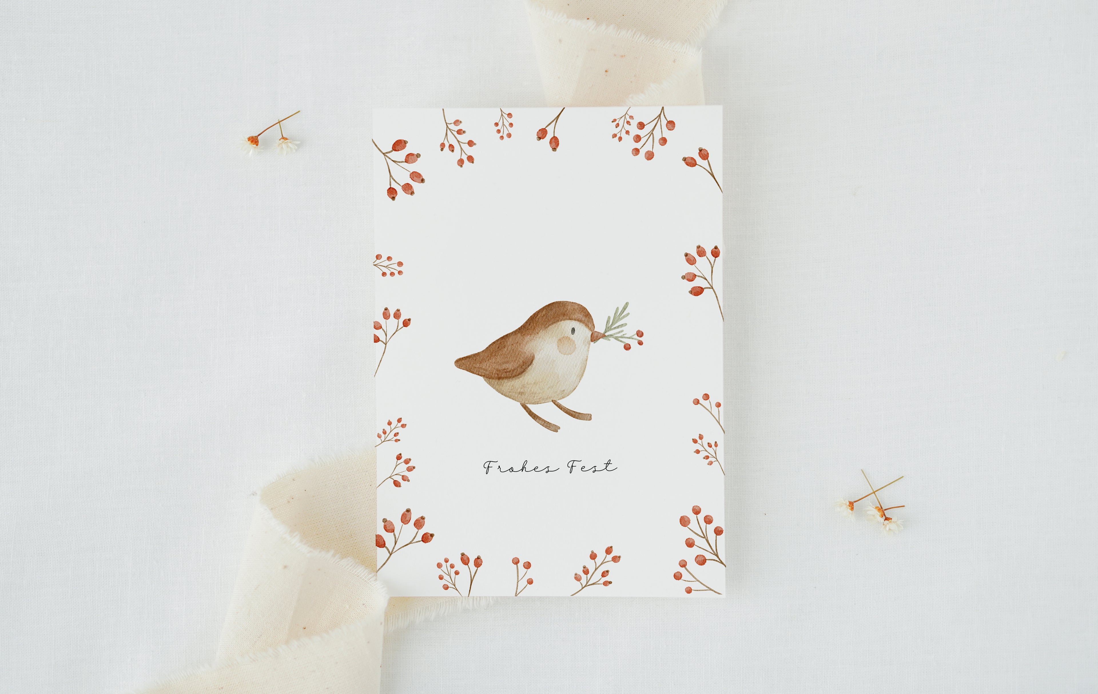 Weihnachtskarte Vogel mit Tannenzweig