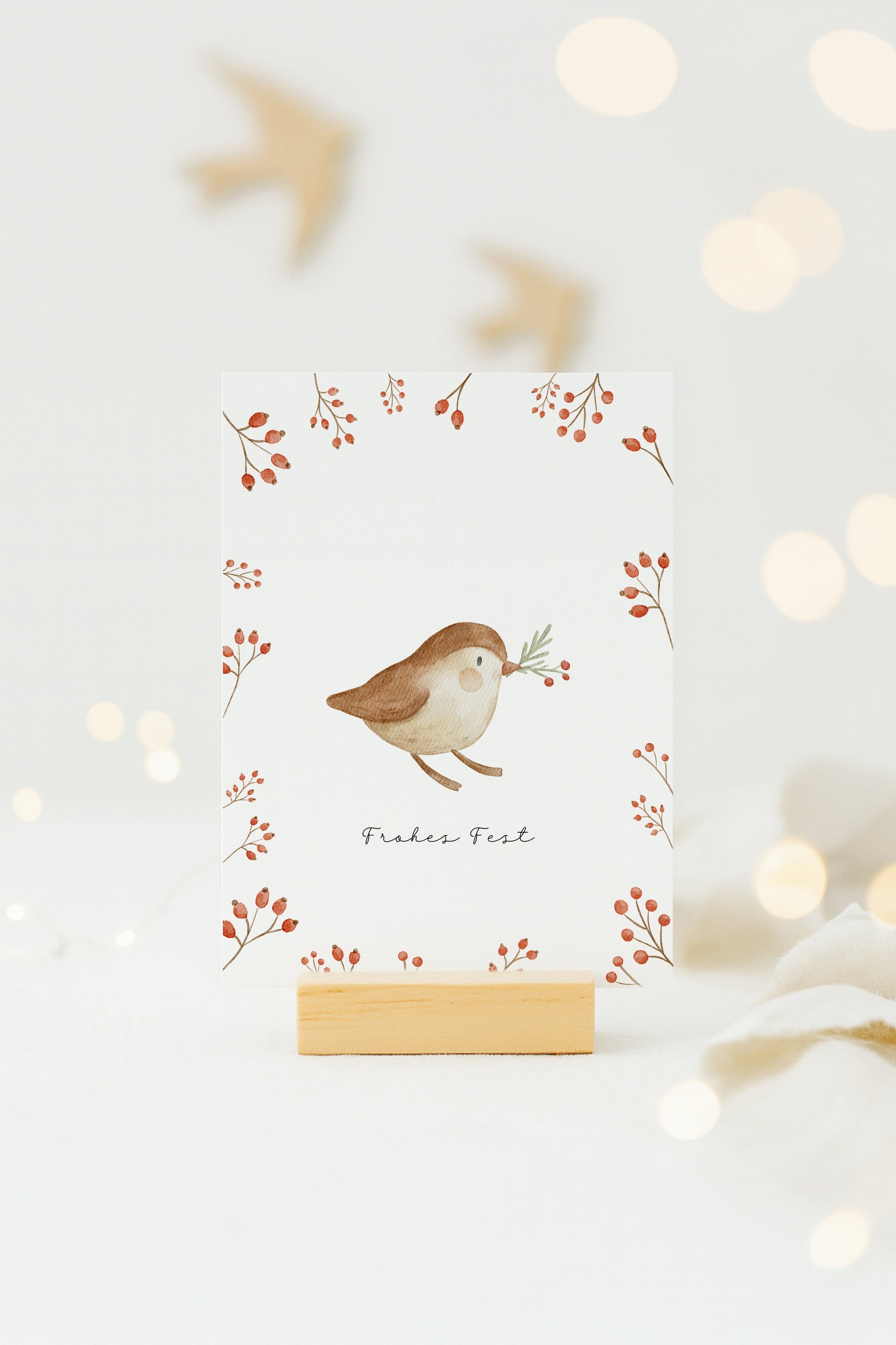 Weihnachtskarte Vogel mit Tannenzweig