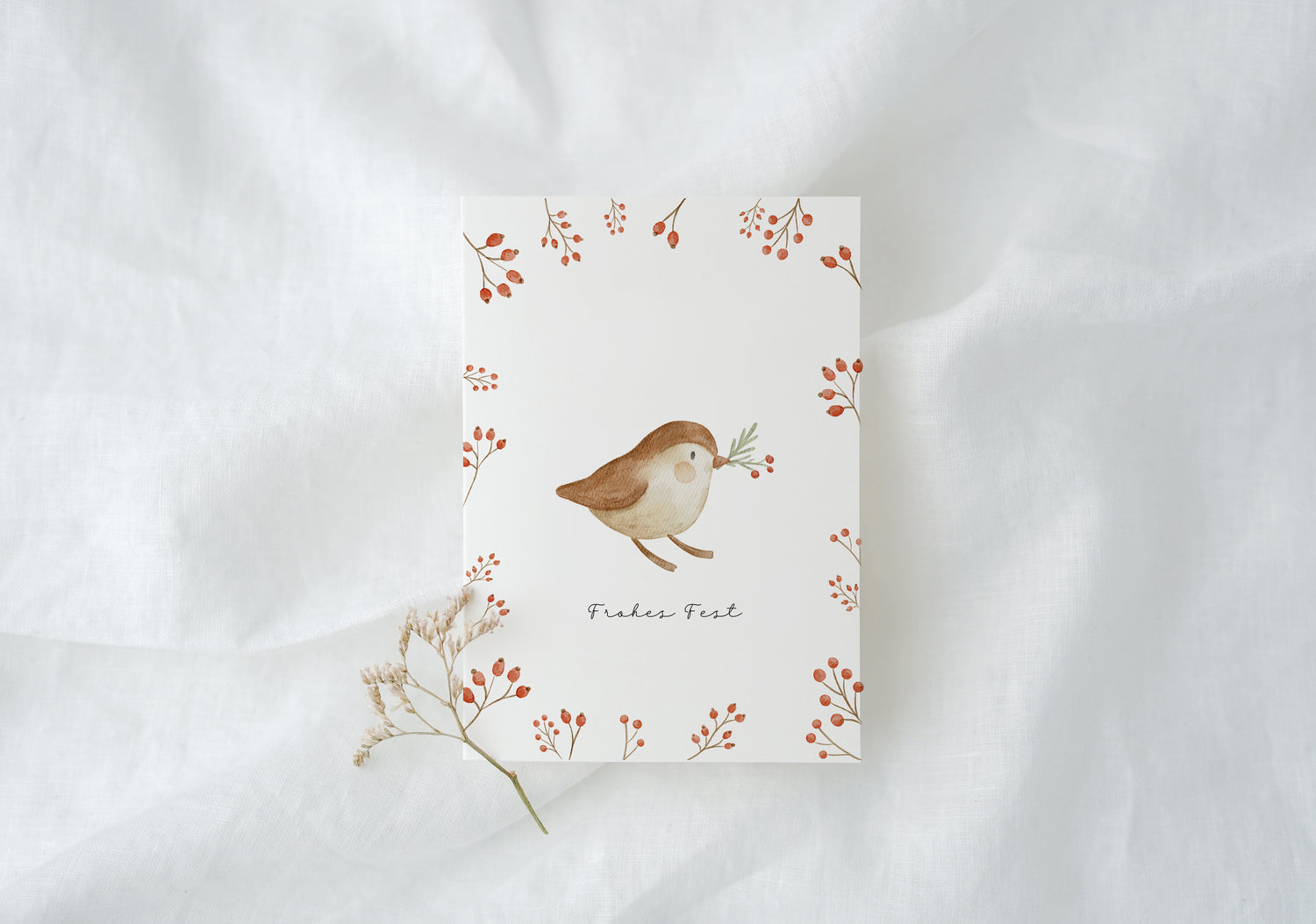 Weihnachtskarte Vogel mit Tannenzweig