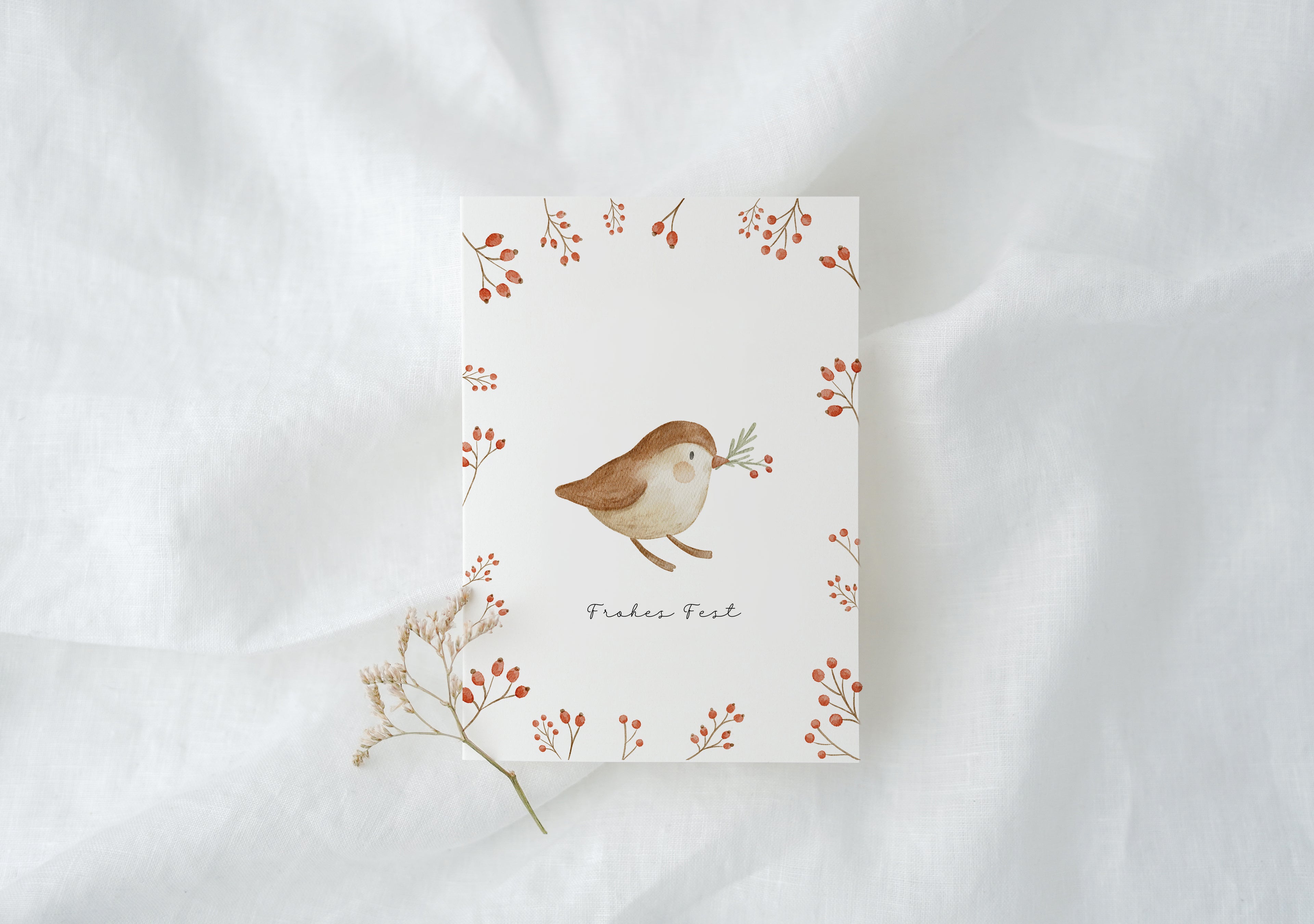 Weihnachtskarte Vogel mit Tannenzweig