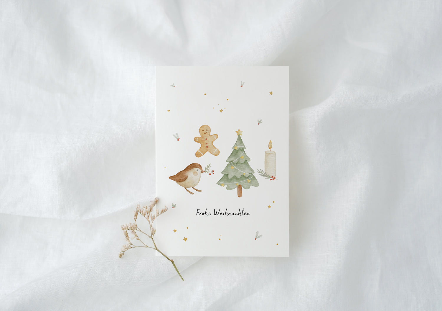 Weihnachtskarte Hygge mit Vogel, Tanne, Lebkuchenmann, Kerze