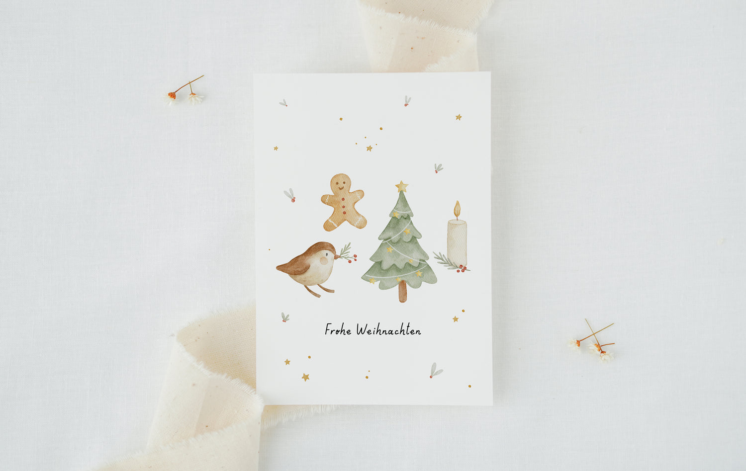 Weihnachtskarte Hygge mit Vogel, Tanne, Lebkuchenmann, Kerze