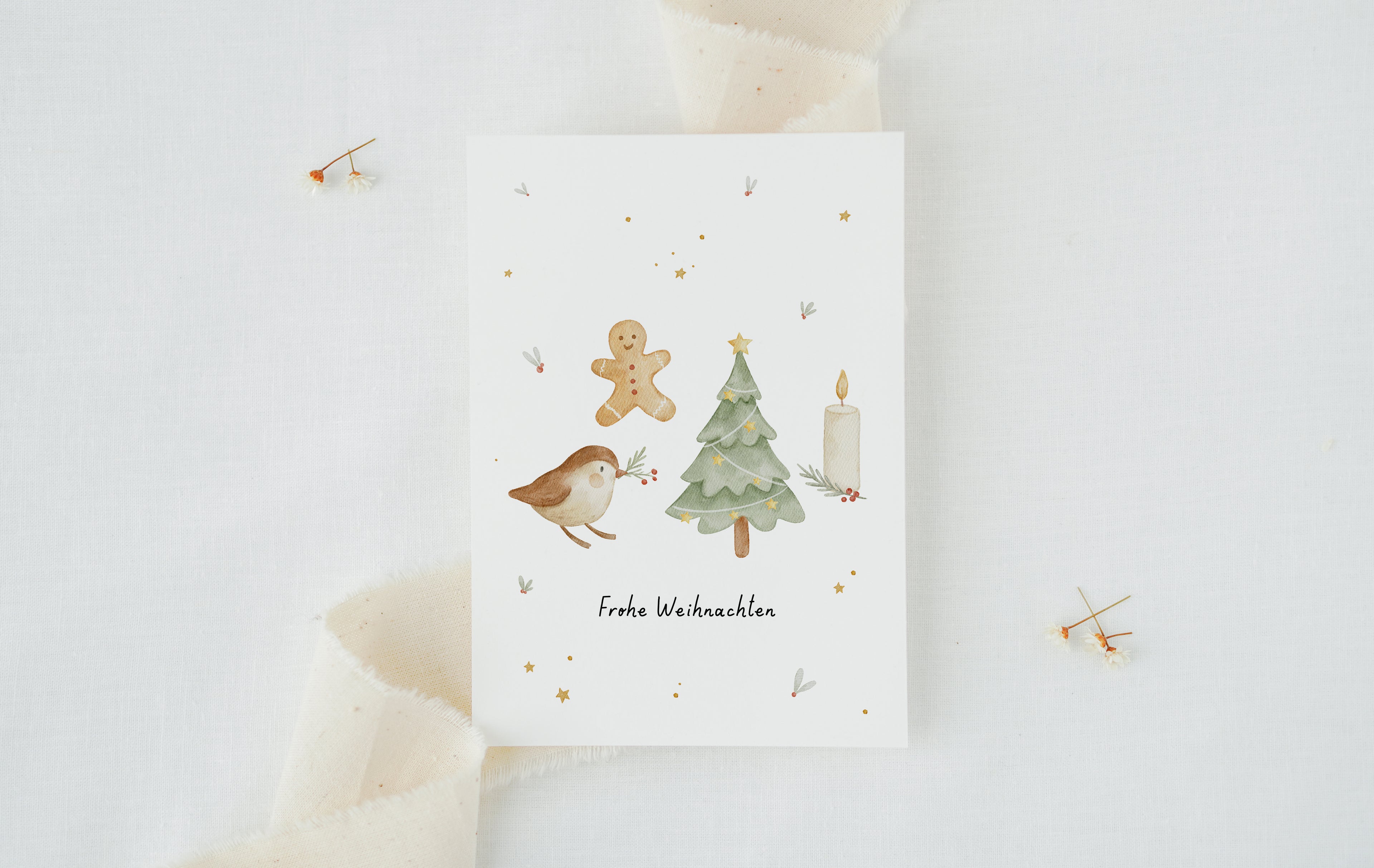 Weihnachtskarte Hygge mit Vogel, Tanne, Lebkuchenmann, Kerze