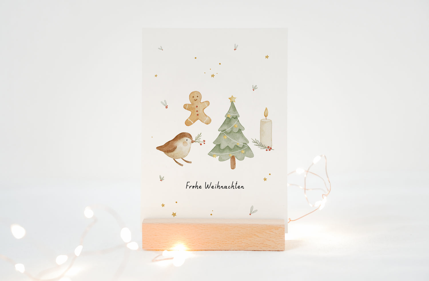 Weihnachtskarte Hygge mit Vogel, Tanne, Lebkuchenmann, Kerze