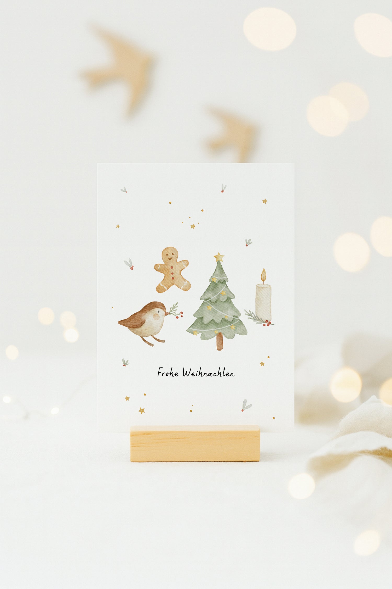 Weihnachtskarte Hygge mit Vogel, Tanne, Lebkuchenmann, Kerze