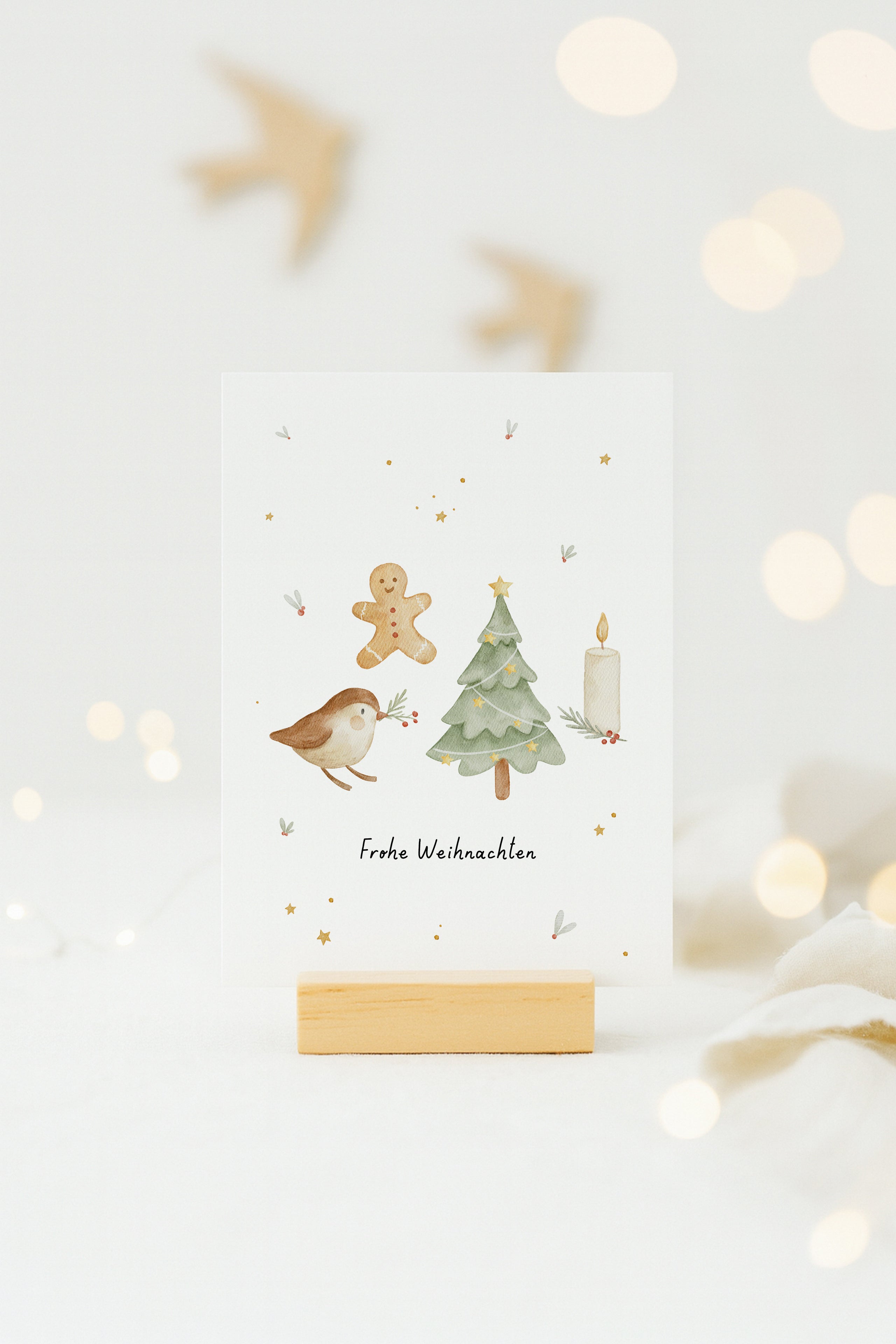 Weihnachtskarte Hygge mit Vogel, Tanne, Lebkuchenmann, Kerze