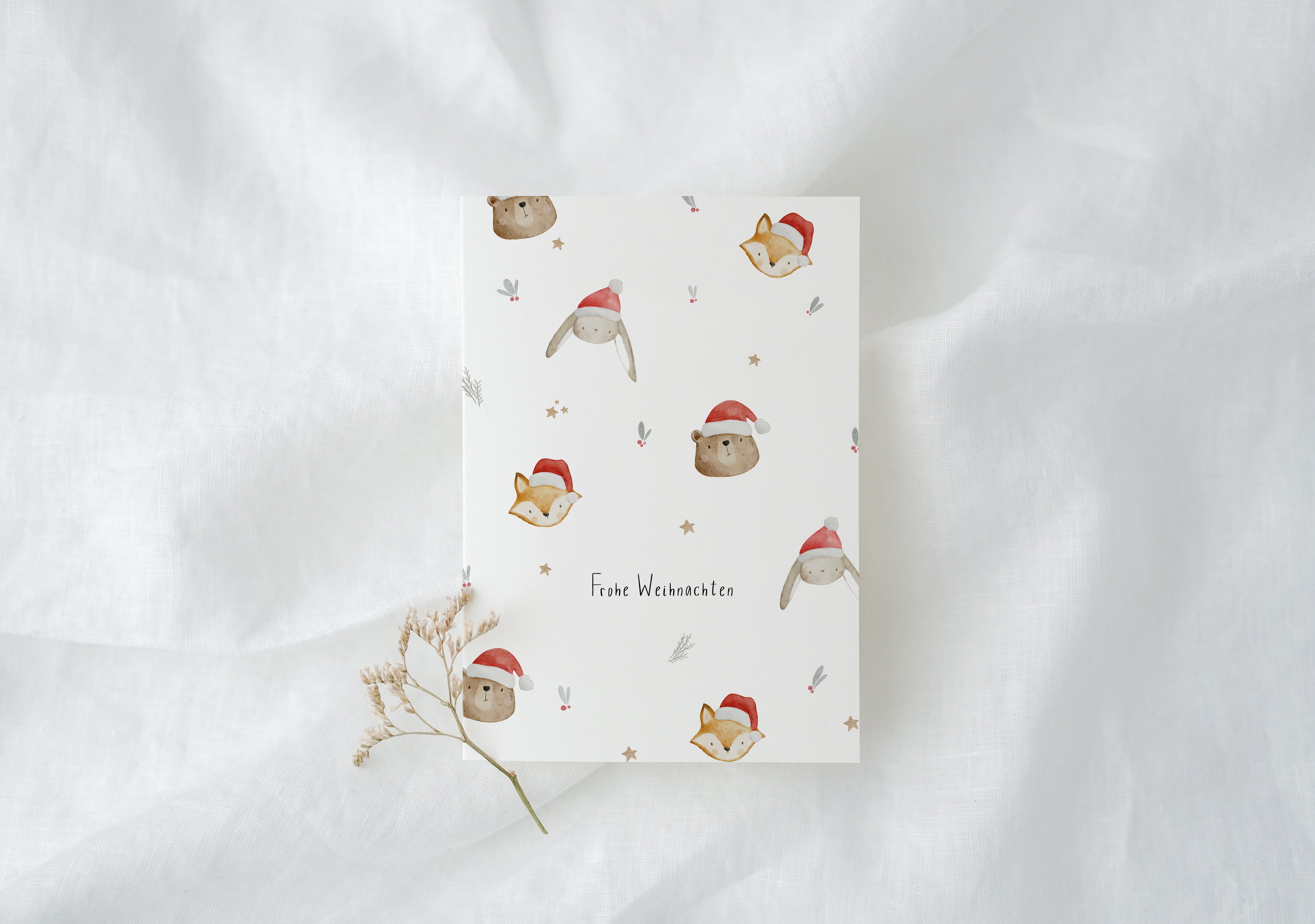 Weihnachtskarte Waldtiere mit Weihnachtsmütze