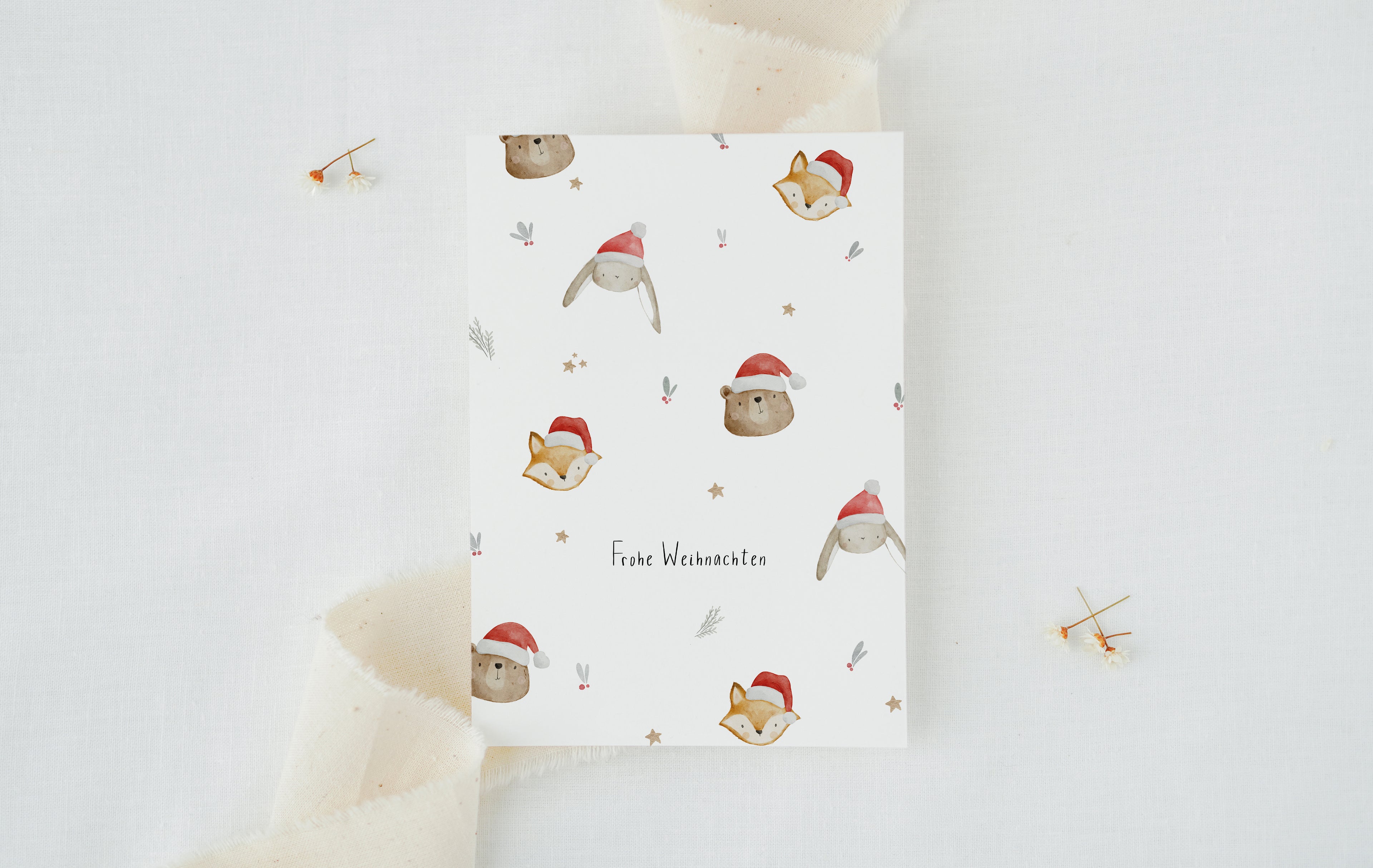Weihnachtskarte Waldtiere mit Weihnachtsmütze