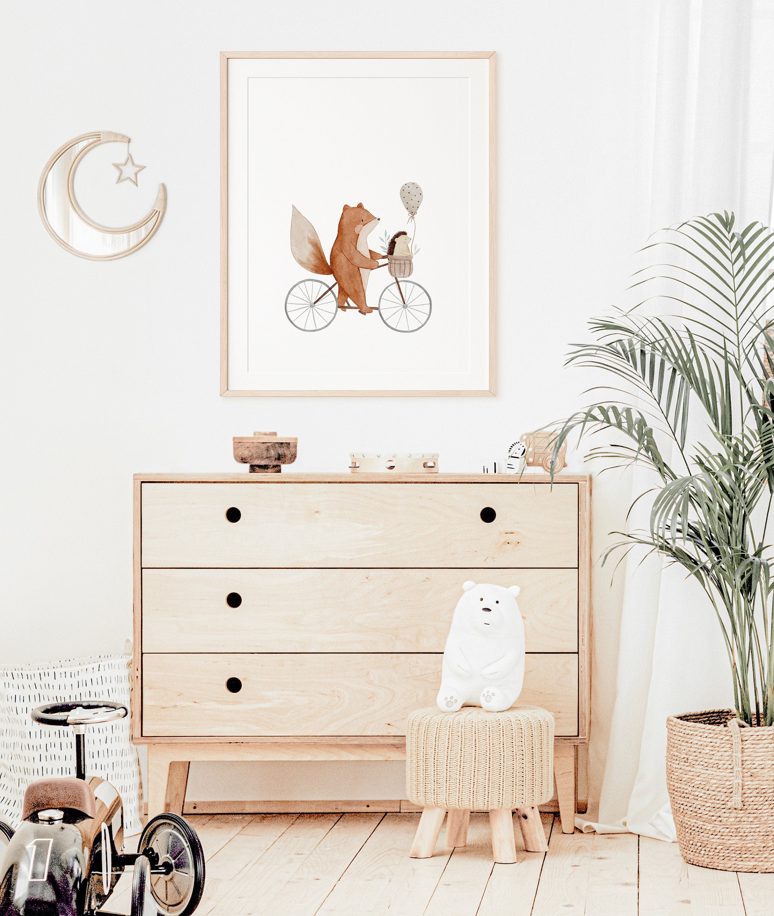 Poster Fahrradfuchs Fanny mit Igel und Ballon / A4 & A3