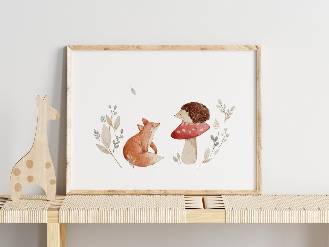 Poster Fuchs und Igel im Wald / A4 & A3