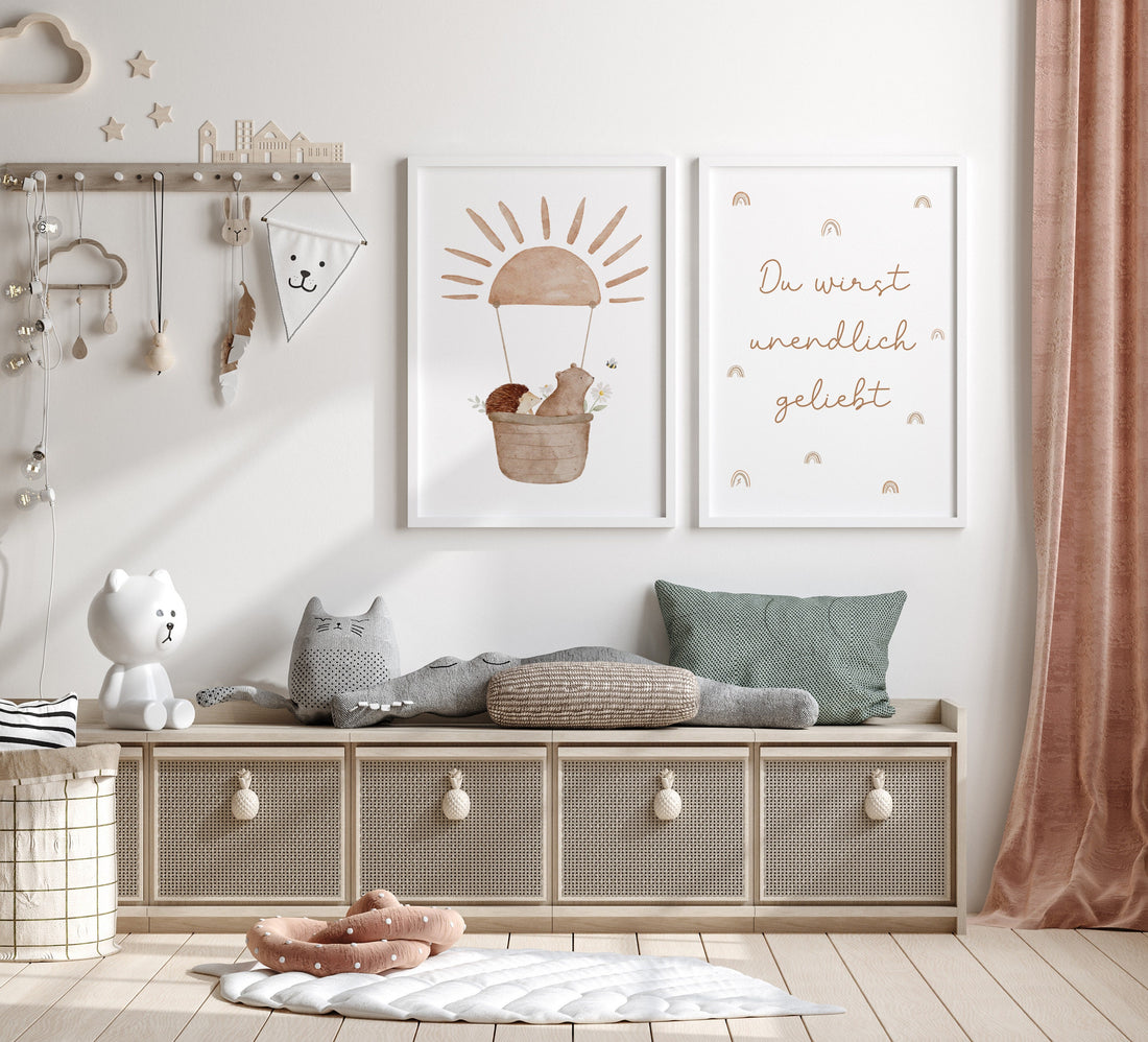 Poster Set Tiere im Heißluftballon & "Du wirst unendlich geliebt" / A5, A4, A3, A2