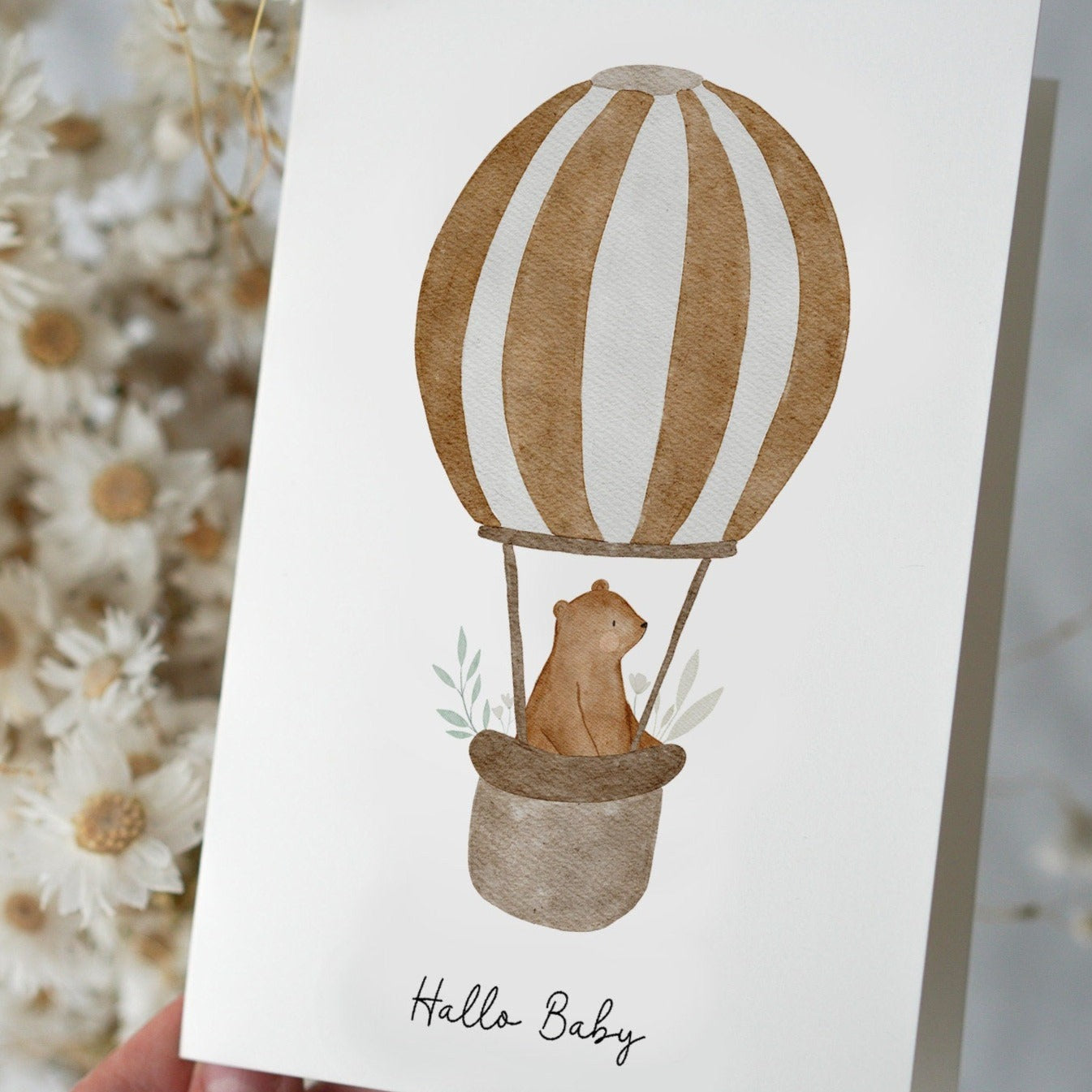 Karte mit Heißluftballonbär "Hallo Baby"