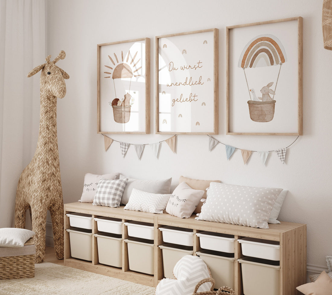 Poster Set Tiere im Heißluftballon / A5, A4, A3, A2