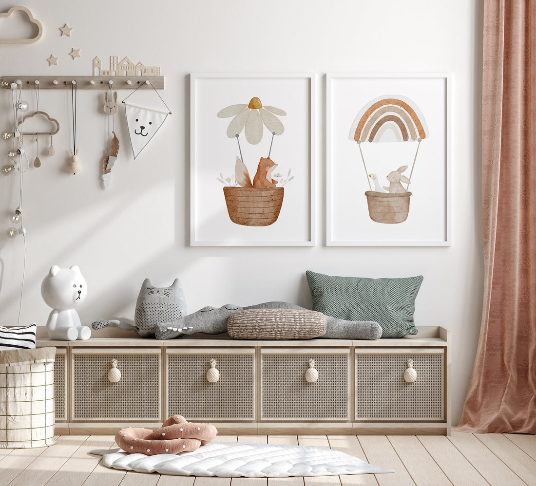 Poster Set Tiere im Heißluftballon / A4, A3, A2