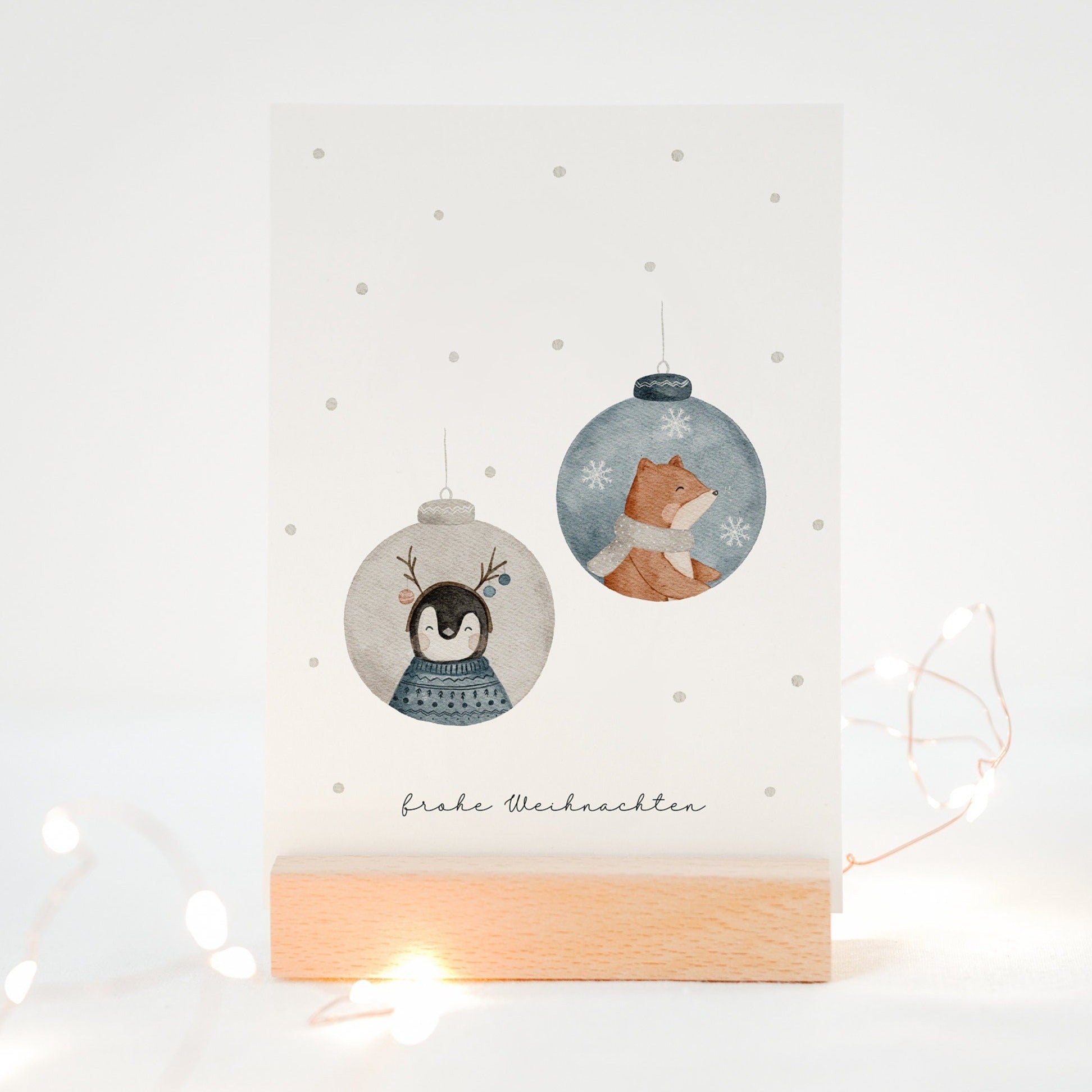 Weihnachtskarte Tiere in Weihnachtskugeln