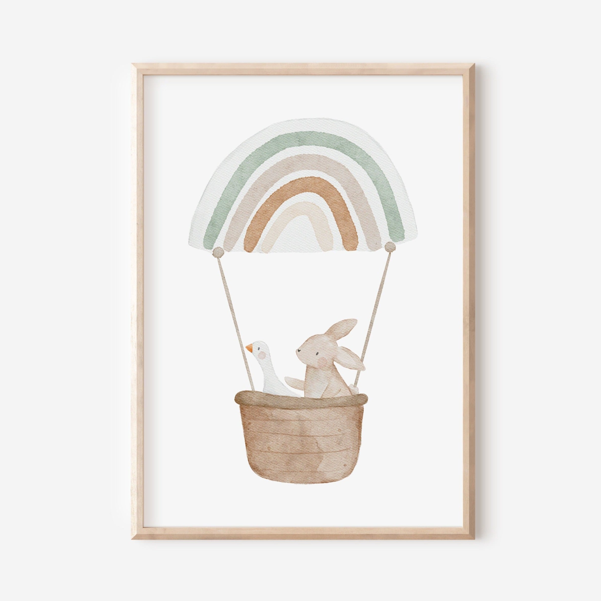 Poster Gans und Hase im Heißluftballon Mint / A5, A4, A3, A2