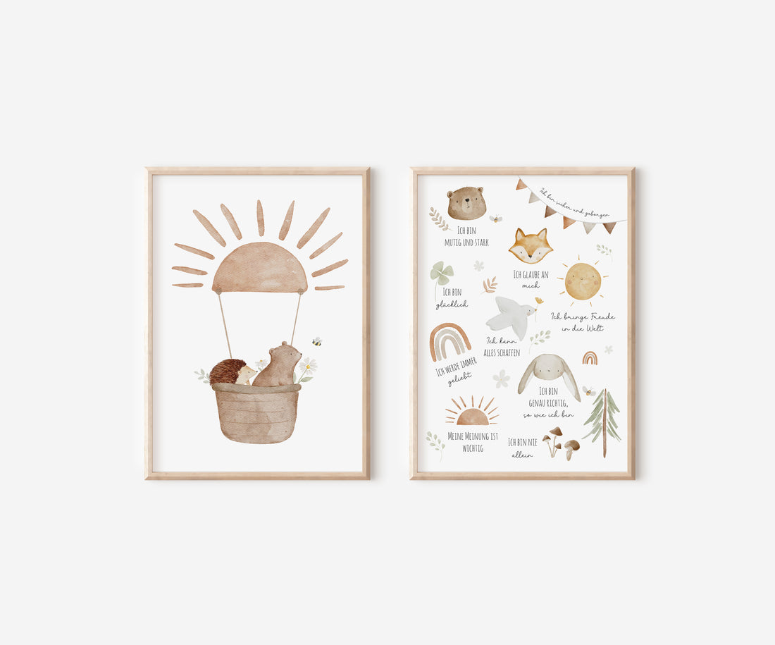 Poster Set Bär im Heißluftballon &amp; Affirmationen / A5, A4, A3, A2