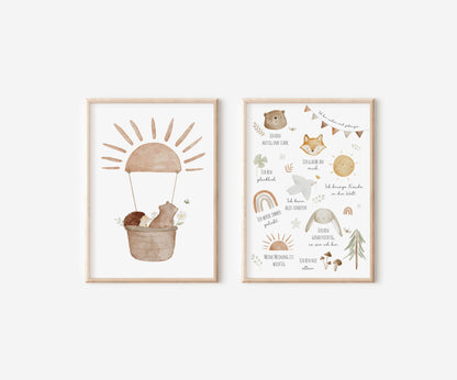 Poster Set Bär im Heißluftballon &amp; Affirmationen / A5, A4, A3, A2