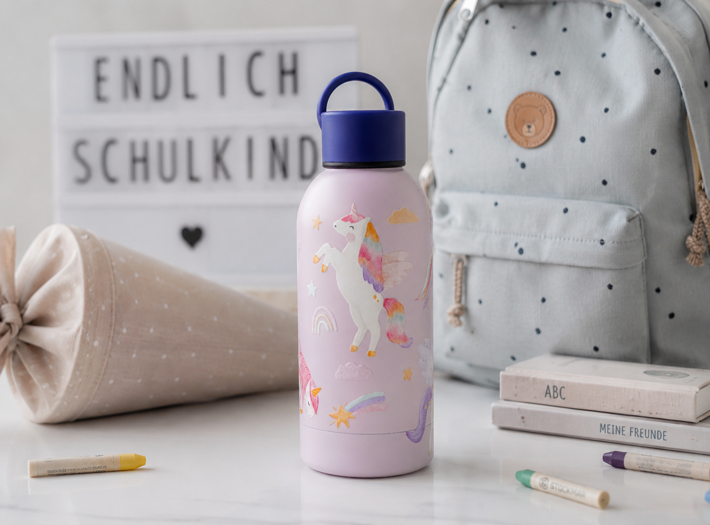 Einhorn Aufkleber randlos für Trinkflasche &amp; Brotdose / A5-Set