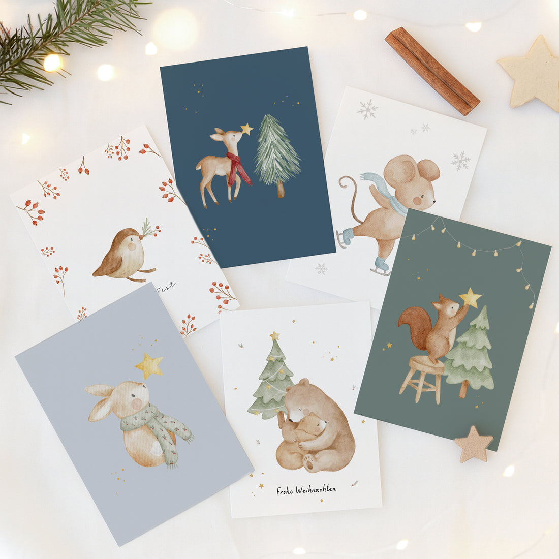 Weihnachtskarten Set Tiere farbiger Hintergrund / 6 Postkarten in Aquarell