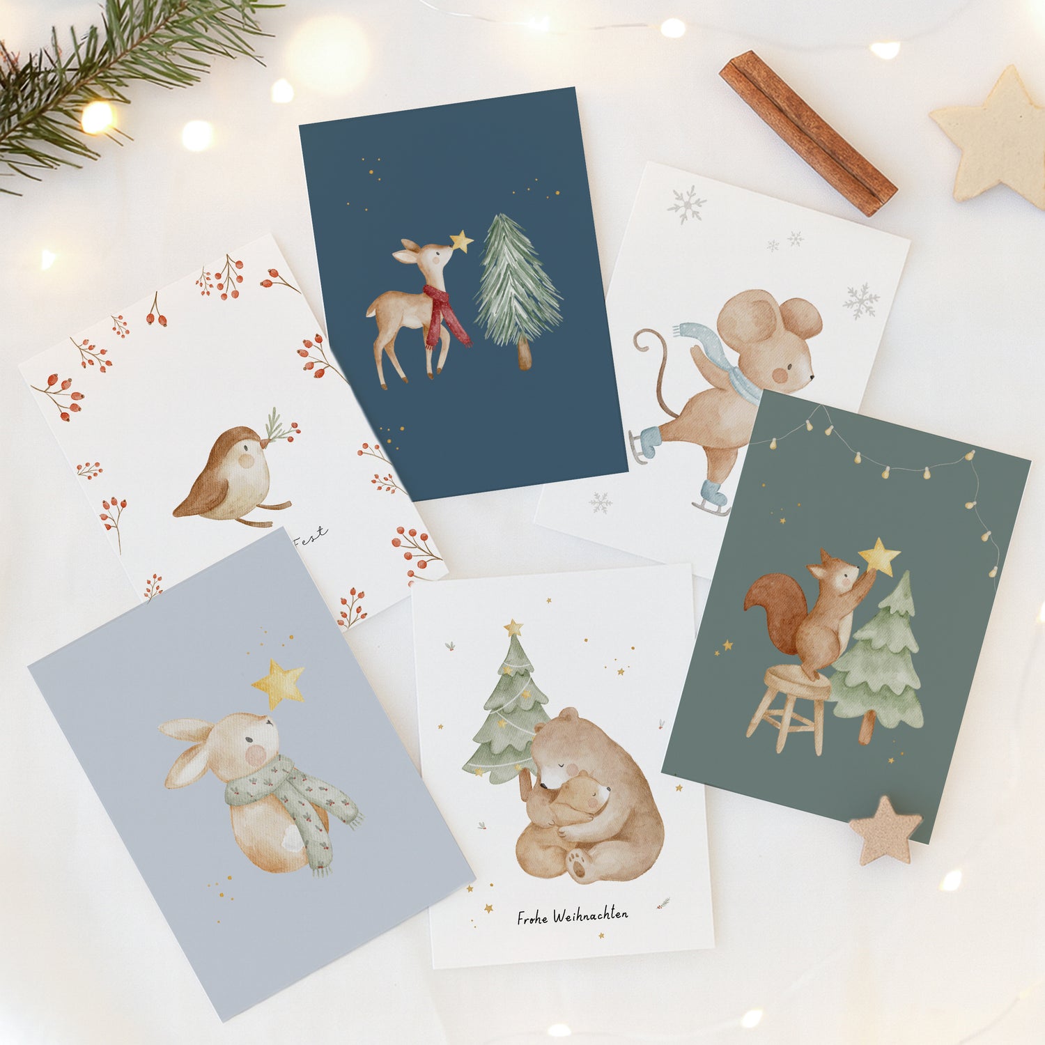 Weihnachtskarten Set Tiere farbiger Hintergrund / 6 Postkarten in Aquarell