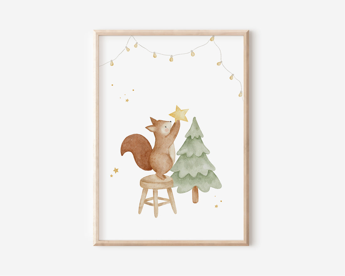 Weihnachtsposter Eichhörnchen mit Tannenbaum / A4