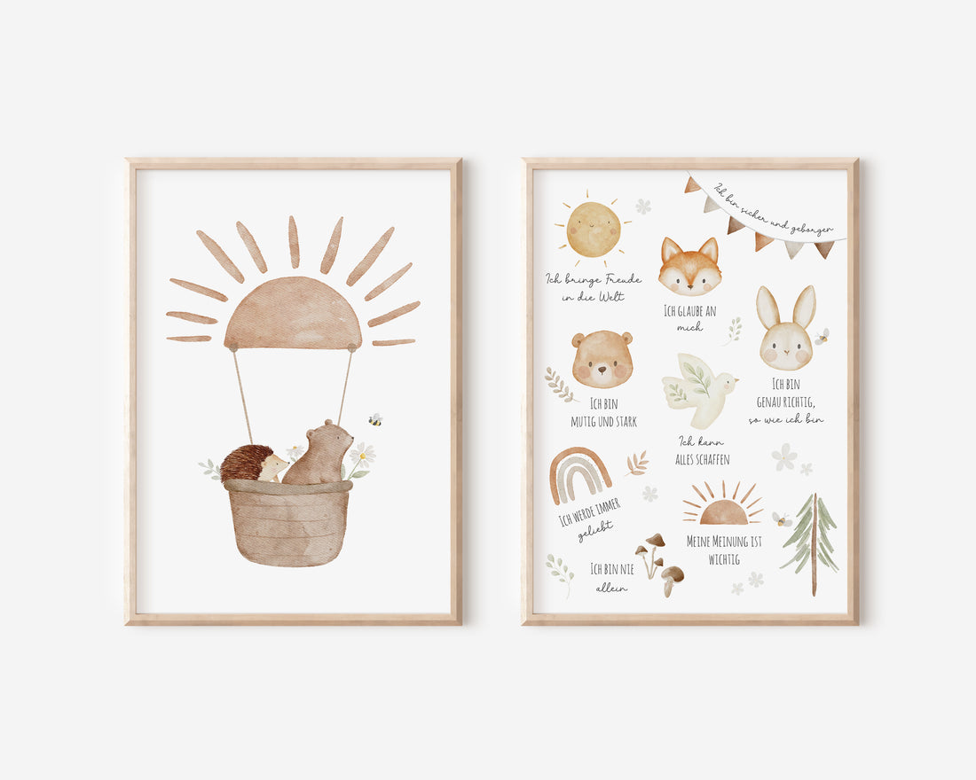 Poster Set Bär im Heißluftballon & Affirmationen / A5, A4, A3, A2