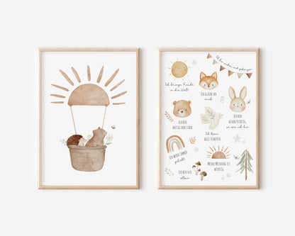Poster Set Bär im Heißluftballon &amp; Affirmationen / A5, A4, A3, A2