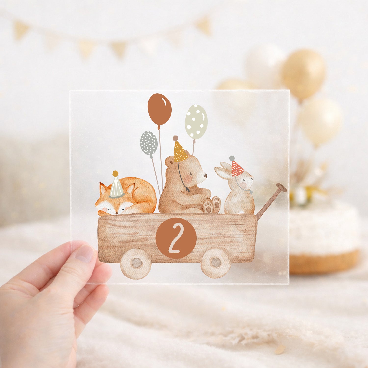 Bügelbild zum Geburtstag Zahl 1-6 | Waldtiere im Bollerwagen