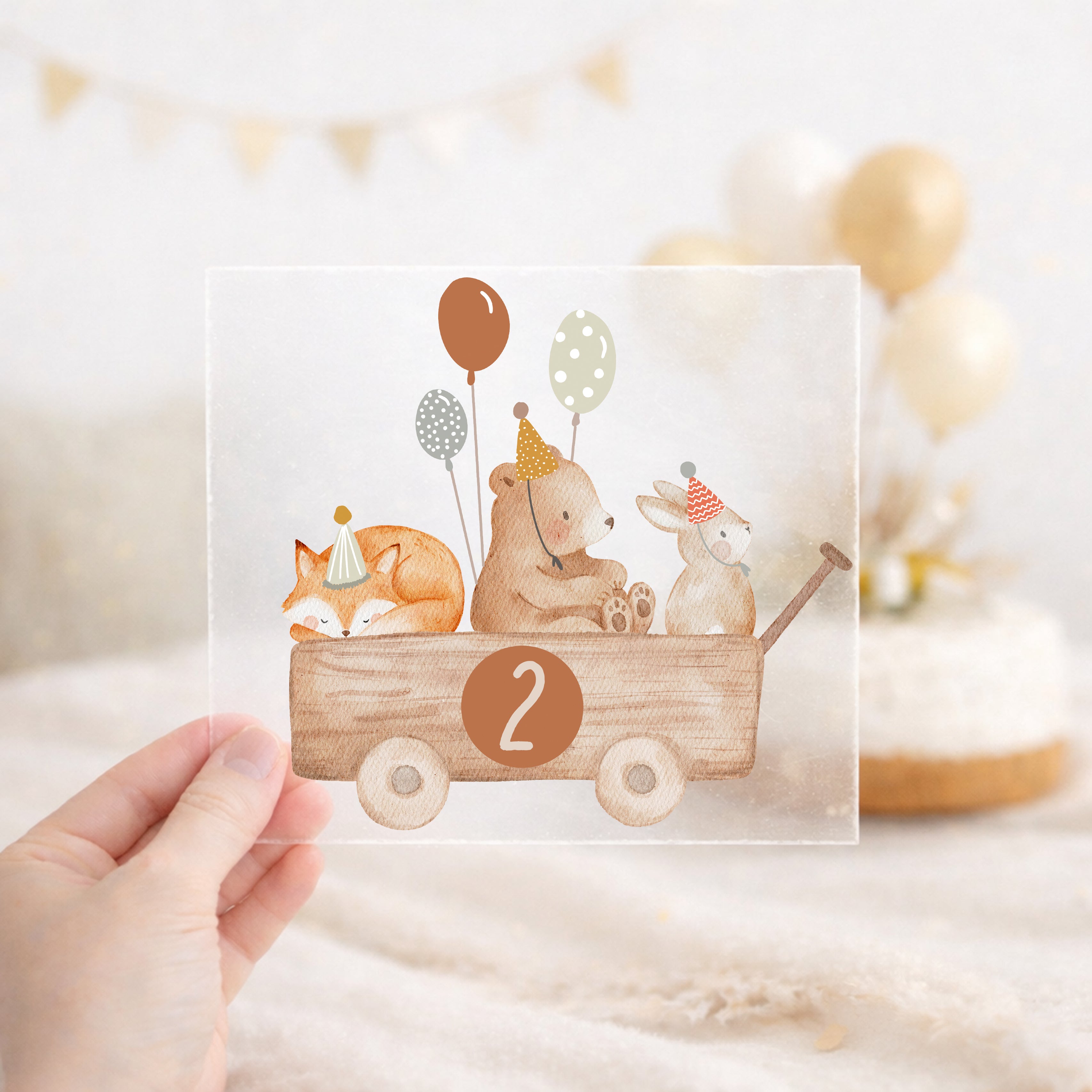 Bügelbild zum Geburtstag Zahl 1-6 | Waldtiere im Bollerwagen