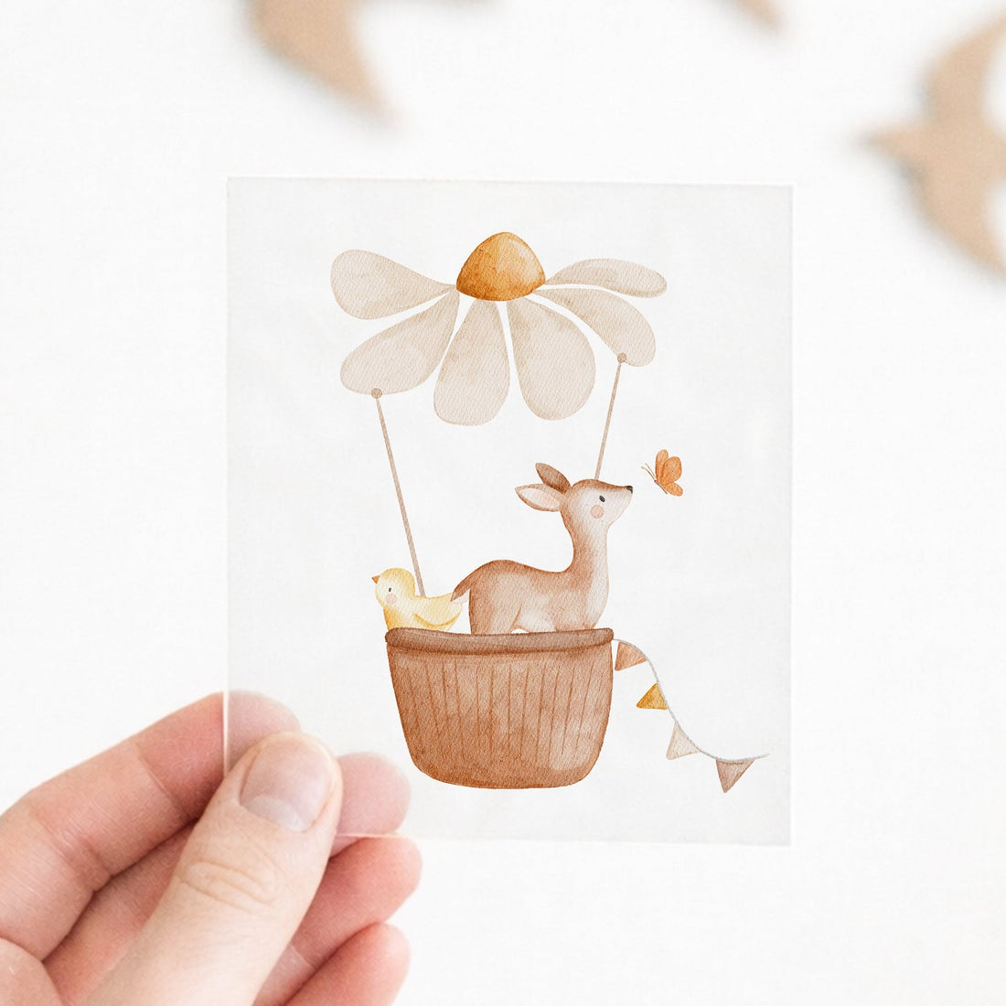 Bügelbild Reh & Küken im Blumenheißluftballon