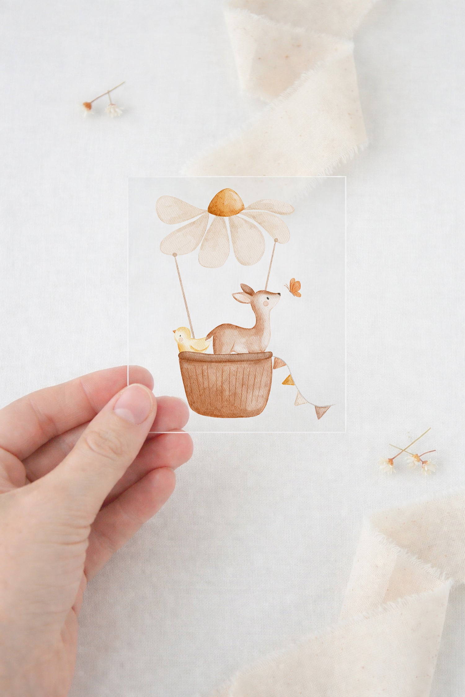 Bügelbild Reh &amp; Küken im Blumenheißluftballon