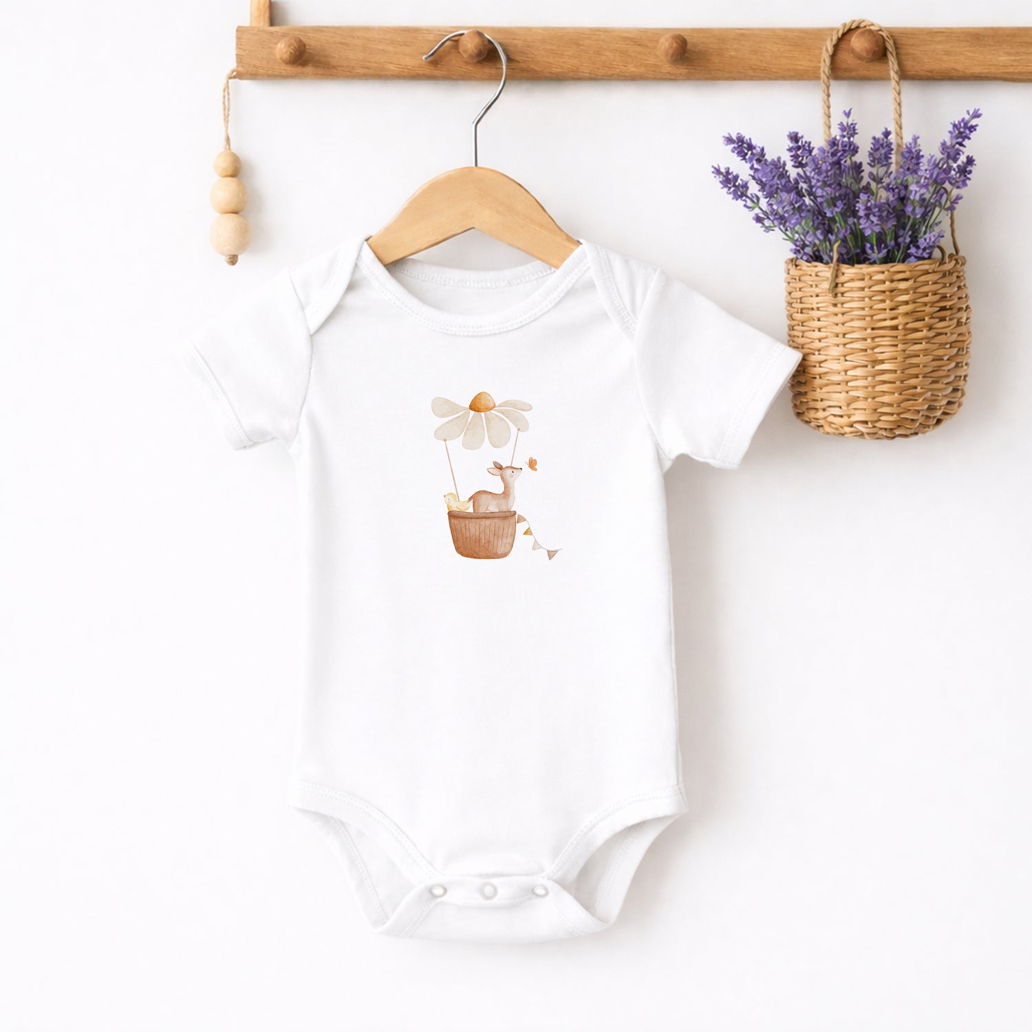 Bügelbild Reh &amp; Küken im Blumenheißluftballon