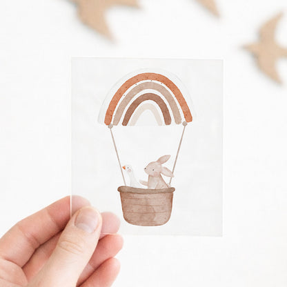 Bügelbild Hase &amp; Gans im Regenbogenheißluftballon