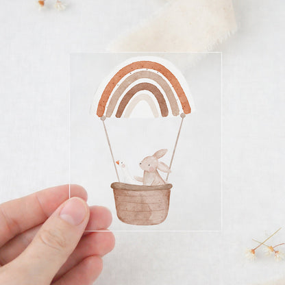 Bügelbild Hase &amp; Gans im Regenbogenheißluftballon