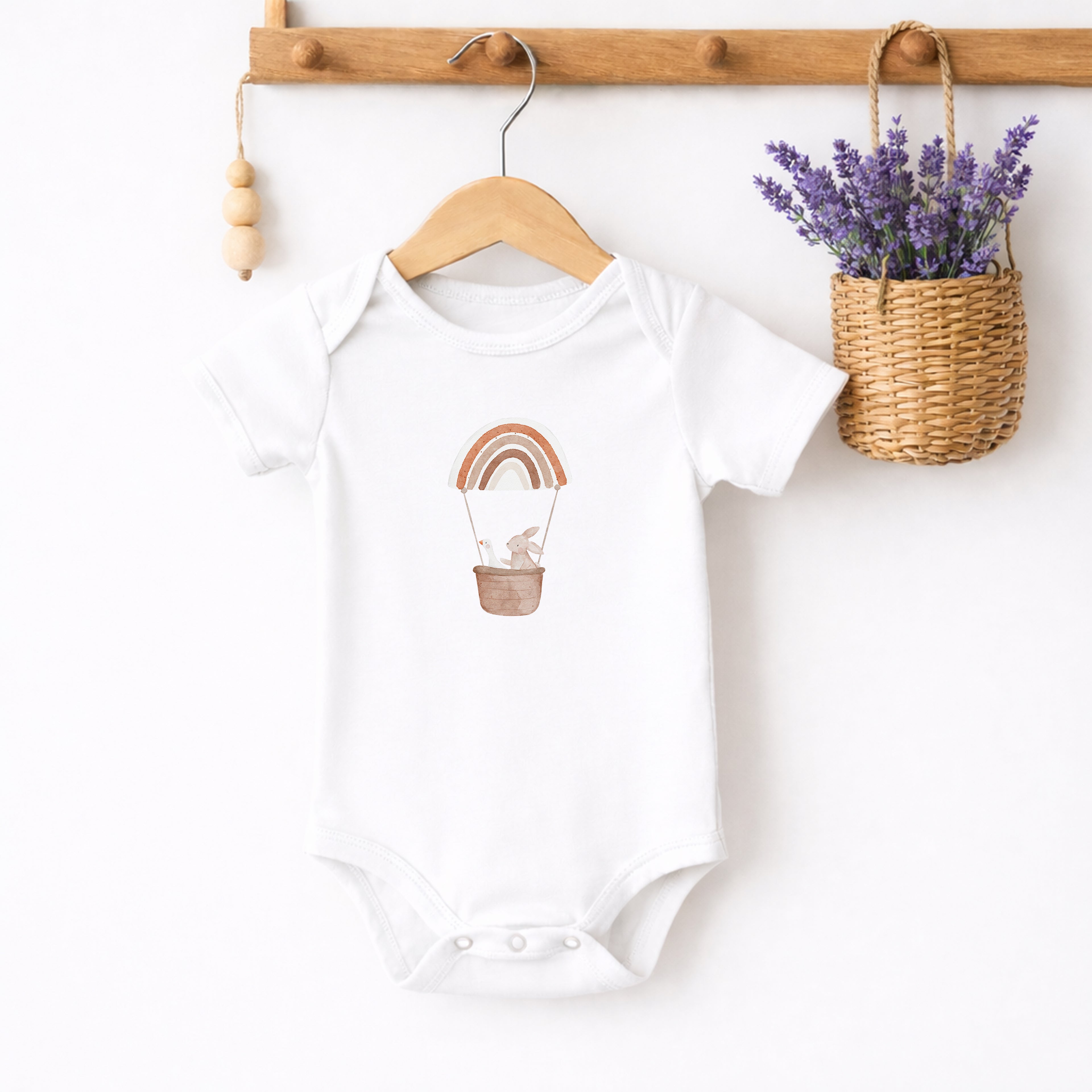 Bügelbild Hase &amp; Gans im Regenbogenheißluftballon