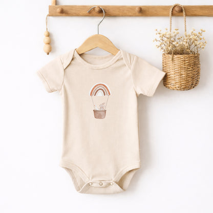 Bügelbild Hase &amp; Gans im Regenbogenheißluftballon