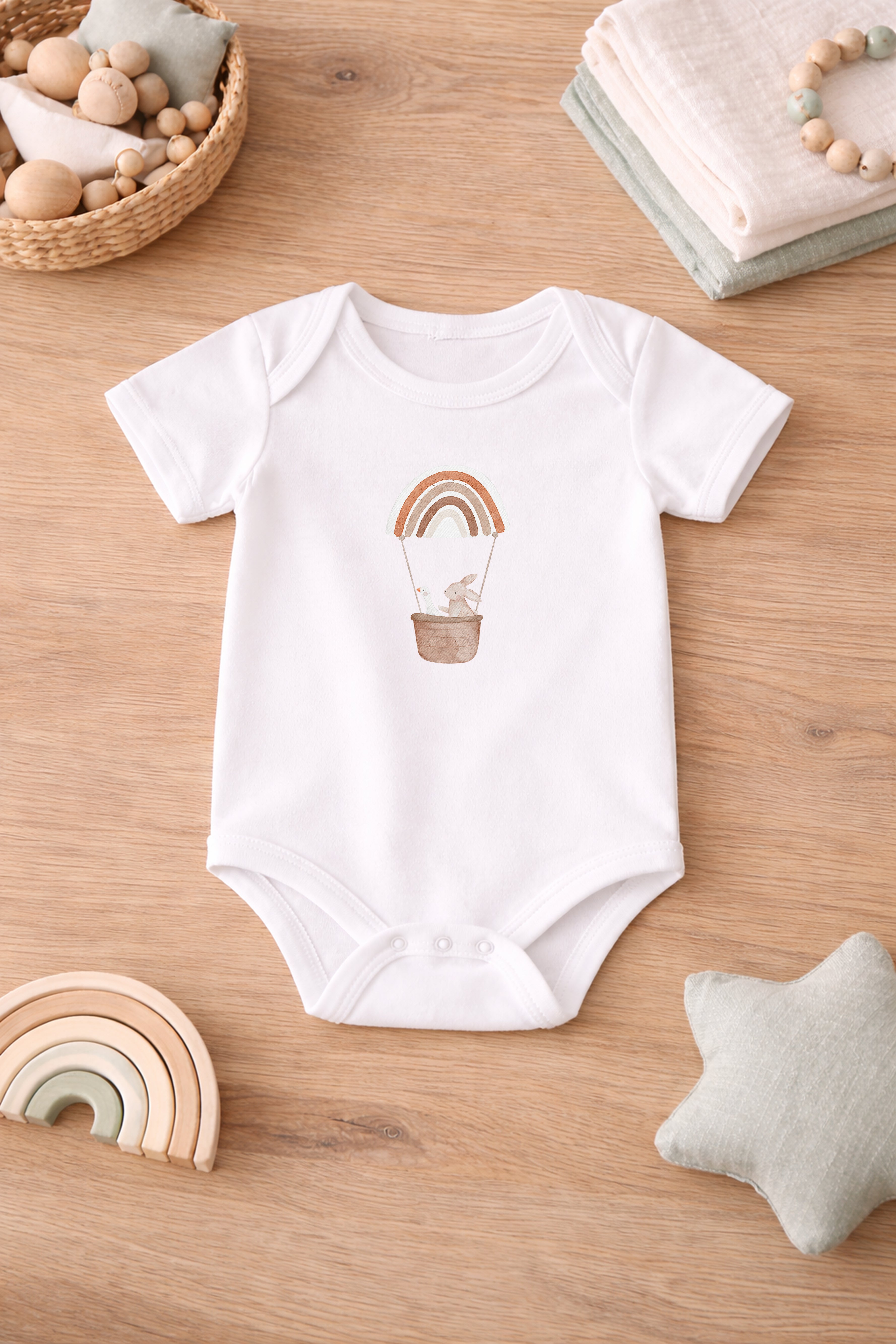 Bügelbild Hase &amp; Gans im Regenbogenheißluftballon