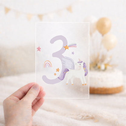 Bügelbild zum Geburtstag Zahl 1-6 | Einhorn lila