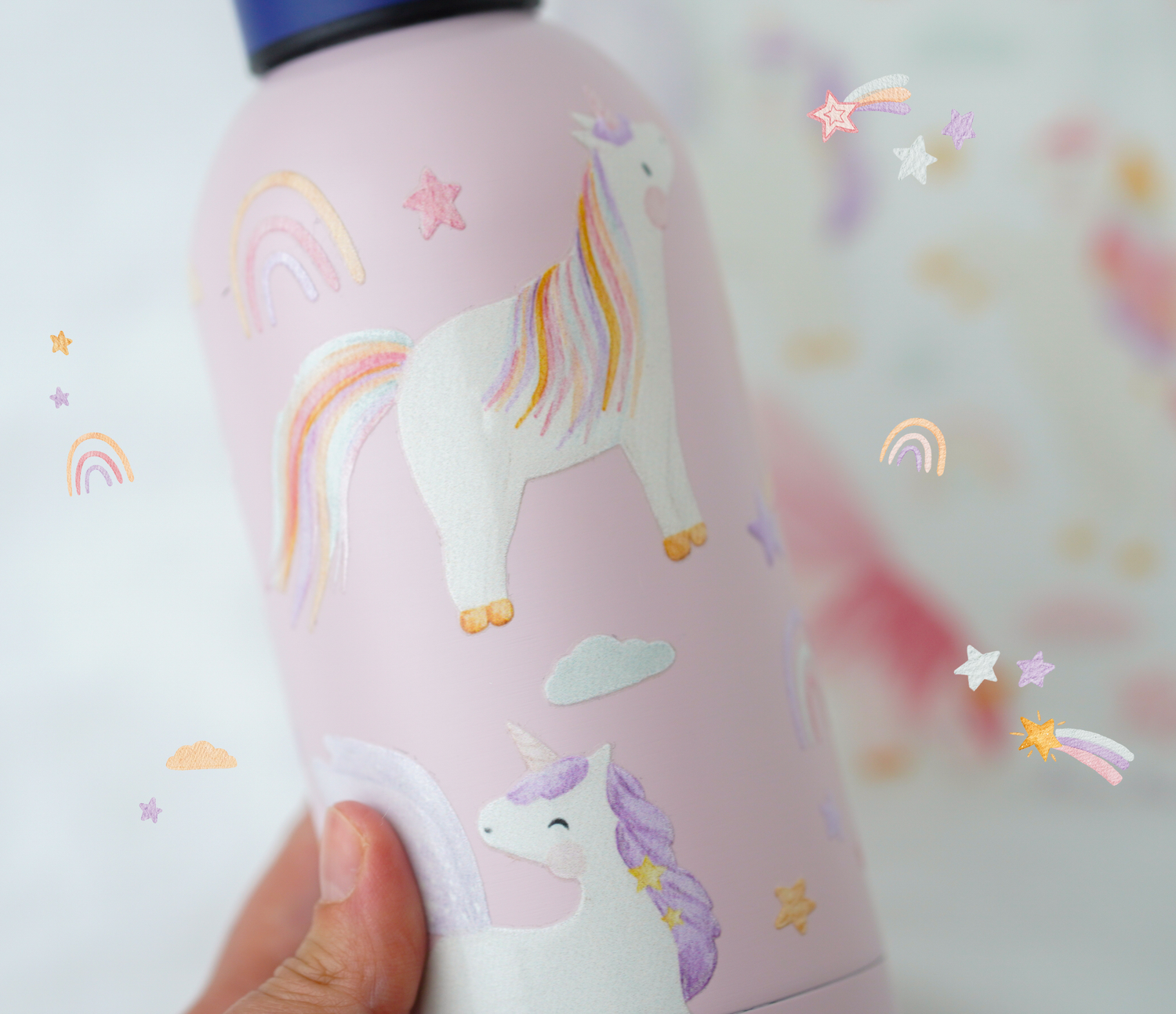 Einhorn Aufkleber randlos für Trinkflasche &amp; Brotdose / A5-Set