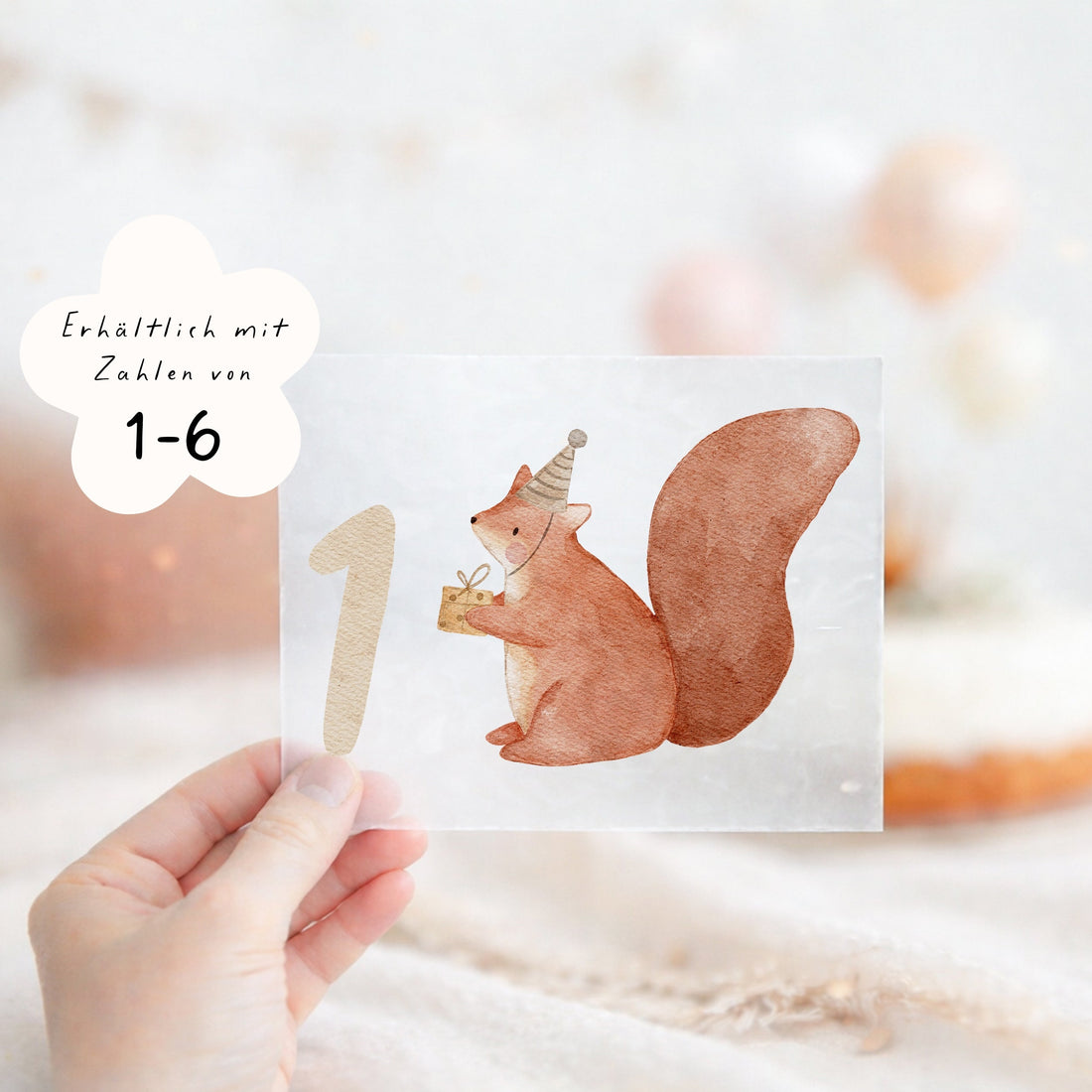 Geburtstags-Bügelbild Eichhörnchen - Zahl 1–6 Beige