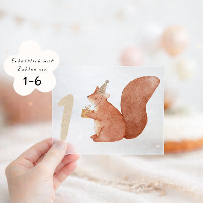 Geburtstags-Bügelbild Eichhörnchen - Zahl 1–6 Beige