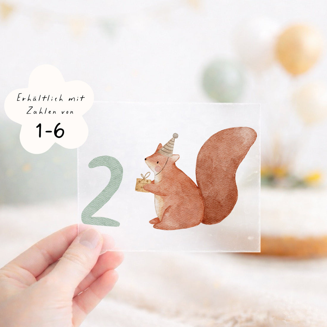 Geburtstags-Bügelbild Eichhörnchen - Zahl 1–6 Mint